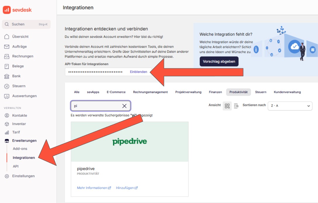 Wo finde ich den API Schlüssel für eine Integration von sevdesk zu Pipedrive?