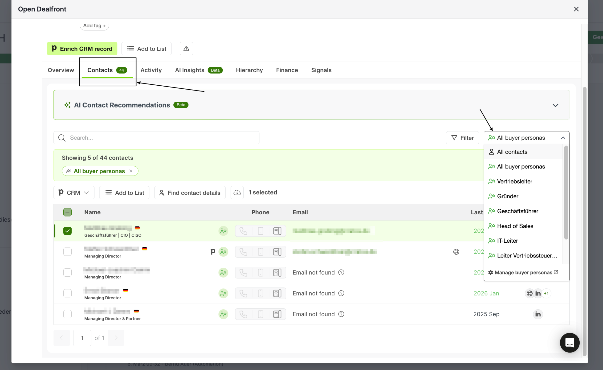 Dealfront Panel Kontaktliste Leadfeeder Kontaktliste