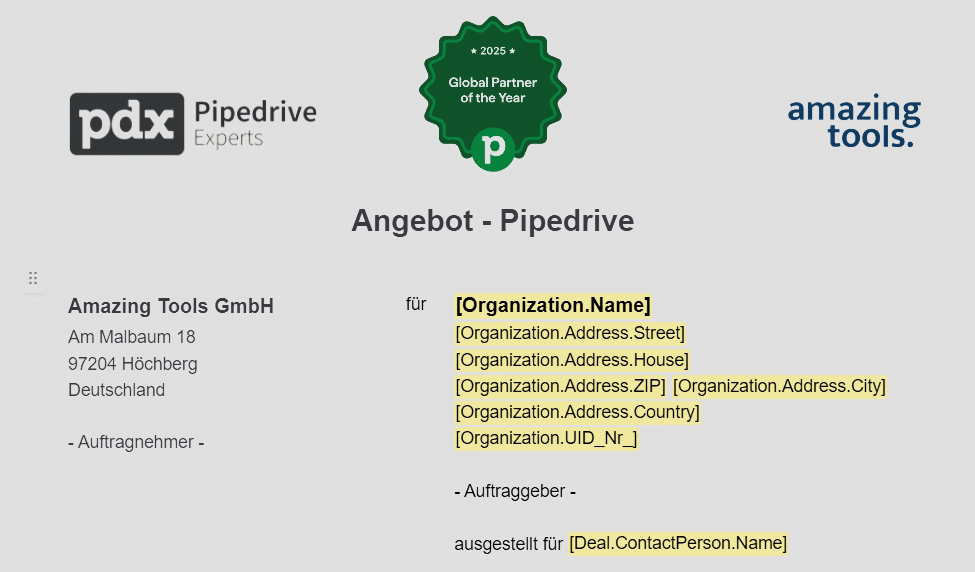 PandaDoc Vorlage befüllt mit Pipedrive Variablen