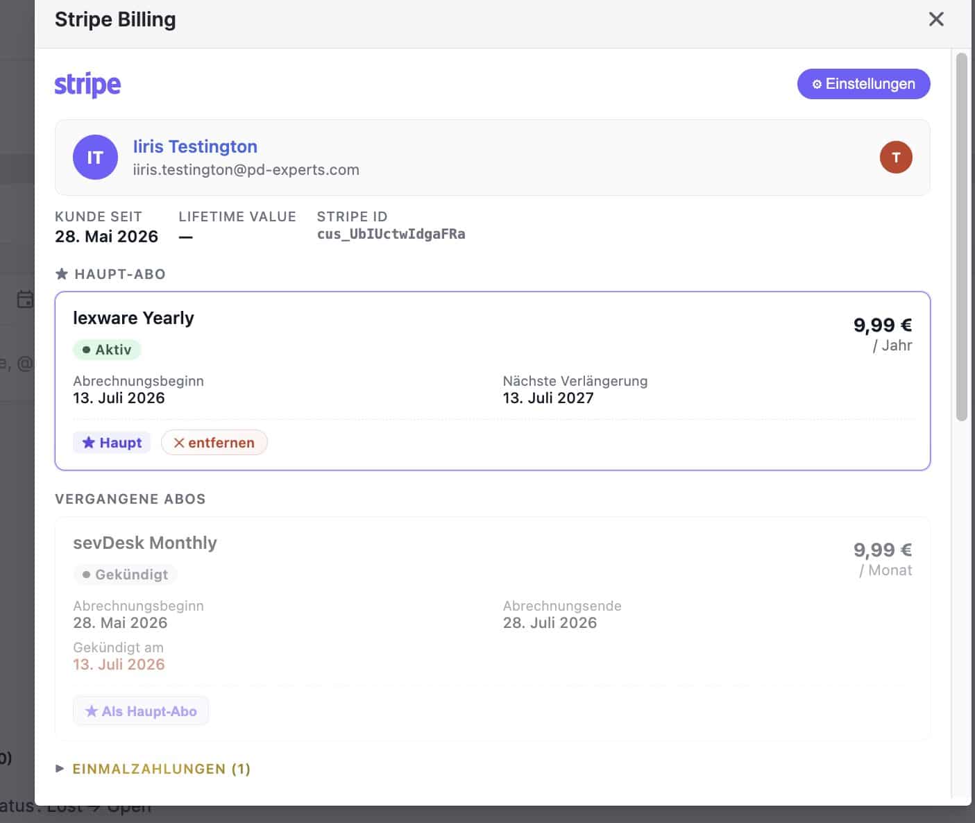 Stripe Billing Panel im Pipedrive-Deal mit aktivem Abo, Verlängerungsdatum und einem gekündigten früheren Abo