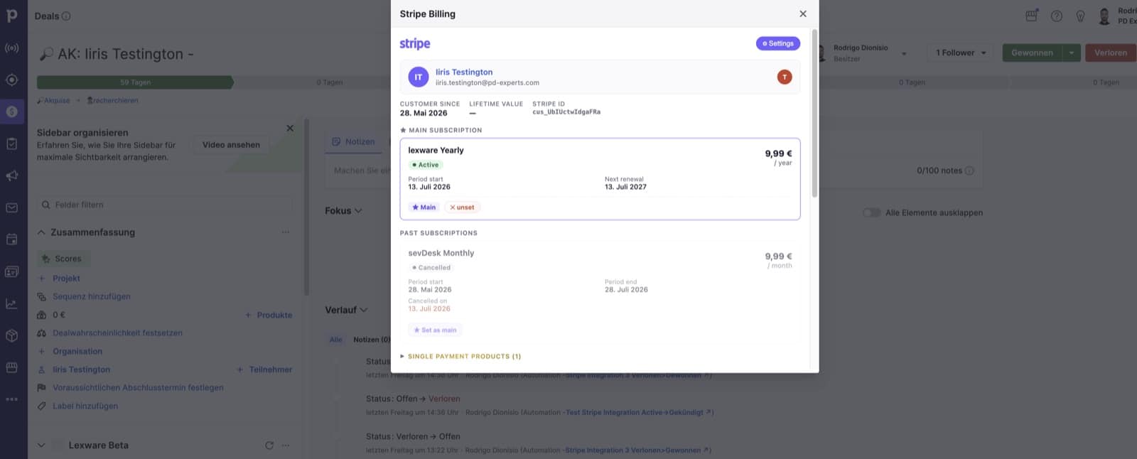 Stripe Billing panel inside a Pipedrive deal showing an active subscription, renewal date and a cancelled past subscription