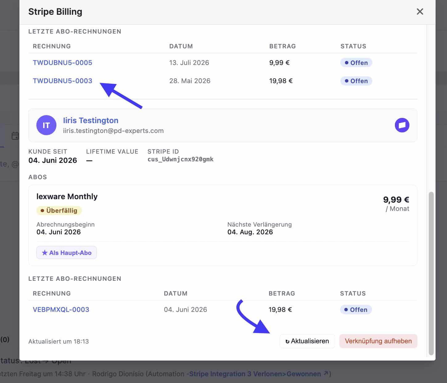 Pipedrive-Deal-Panel mit anklickbaren Stripe-Rechnungen und dem Aktualisieren-Button, der die Deal-Felder aktualisiert