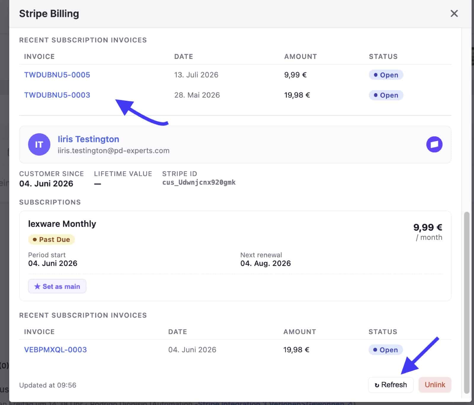 Pipedrive deal panel showing clickable Stripe invoices and the Refresh button that updates the deal's billing fields