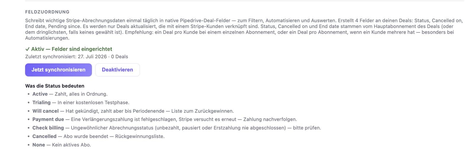 Feldzuordnung schreibt den Stripe-Abo-Status in echte Pipedrive-Deal-Felder