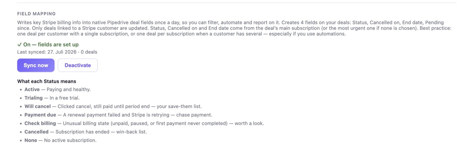 Field mapping settings writing Stripe subscription status into native Pipedrive deal fields
