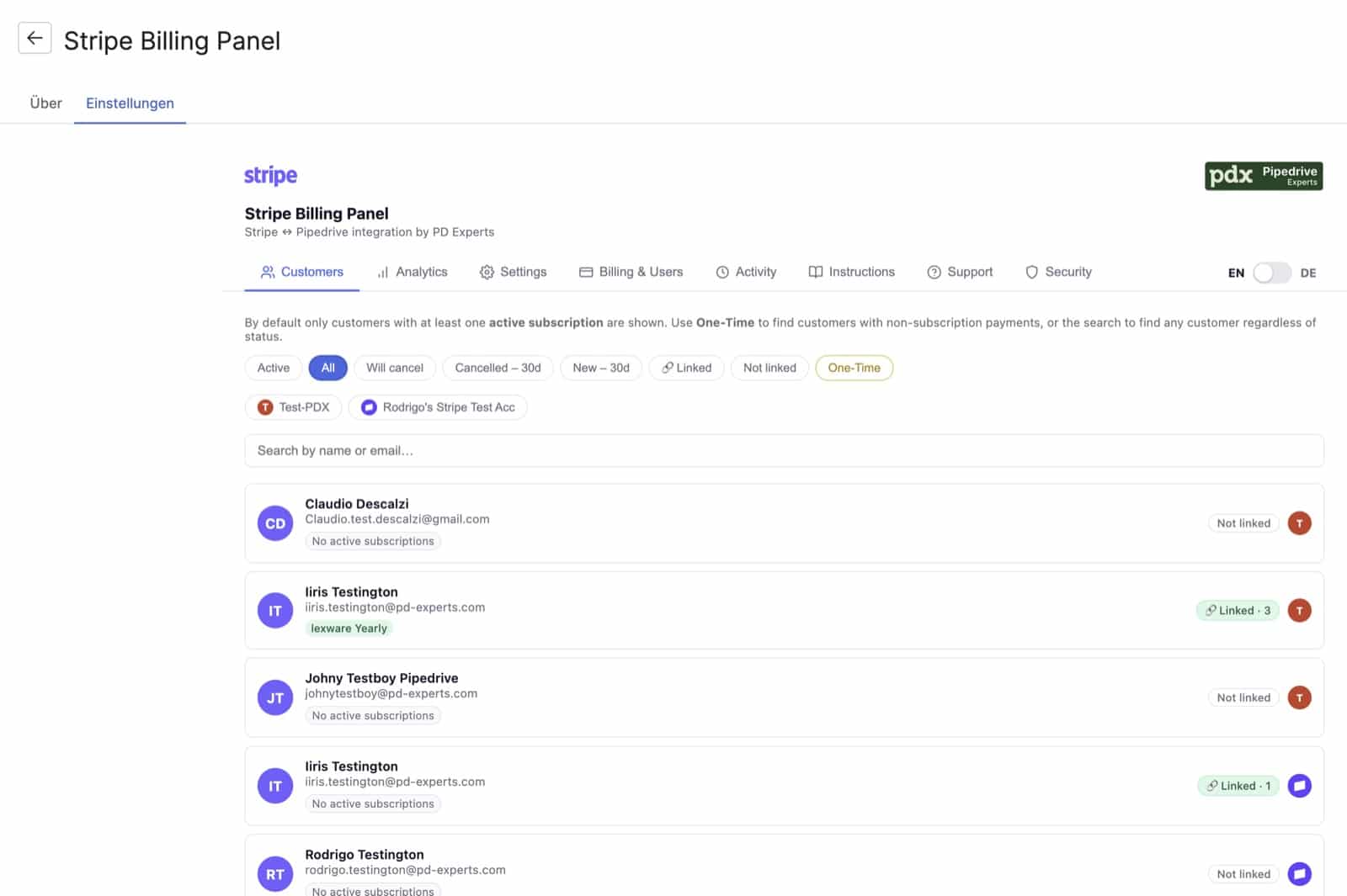 Stripe customer list filtered by subscription status inside Pipedrive, showing linked and not-linked customers