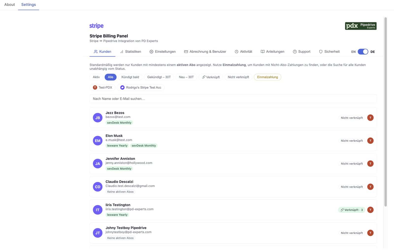 Stripe-Kundenliste in Pipedrive, gefiltert nach Abo-Status, mit verknüpften und nicht verknüpften Kunden