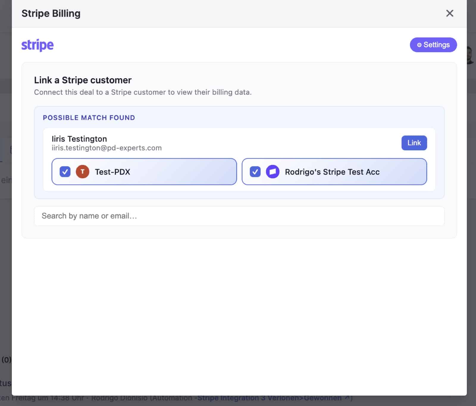 Automatic Stripe customer match suggested for a Pipedrive deal across two Stripe accounts