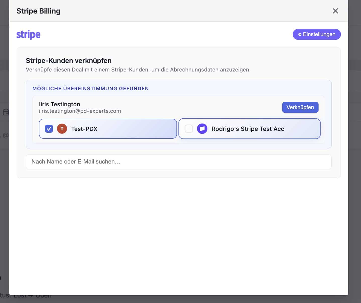 Automatisch vorgeschlagene Stripe-Kundenzuordnung für einen Pipedrive-Deal über zwei Stripe-Konten
