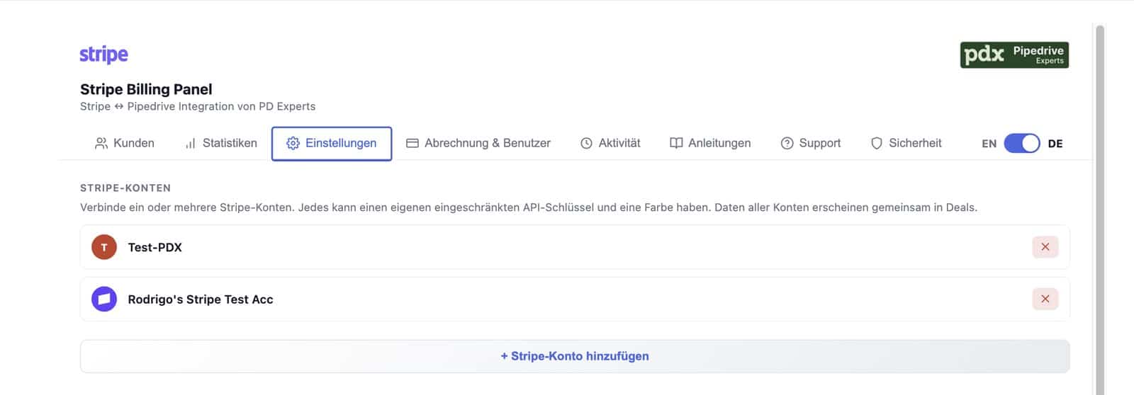 Mehrere Stripe-Konten mit eigenen eingeschränkten API-Schlüsseln in einem Pipedrive verbunden