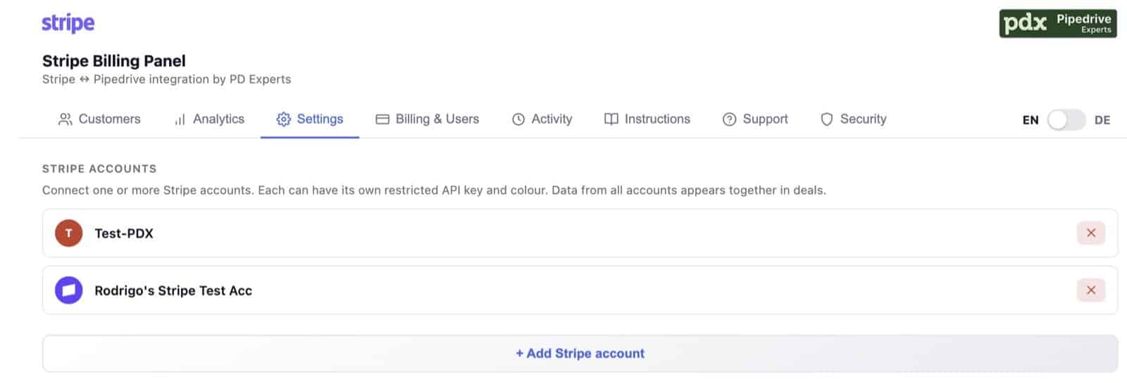 Multiple Stripe accounts connected to one Pipedrive with individual restricted API keys