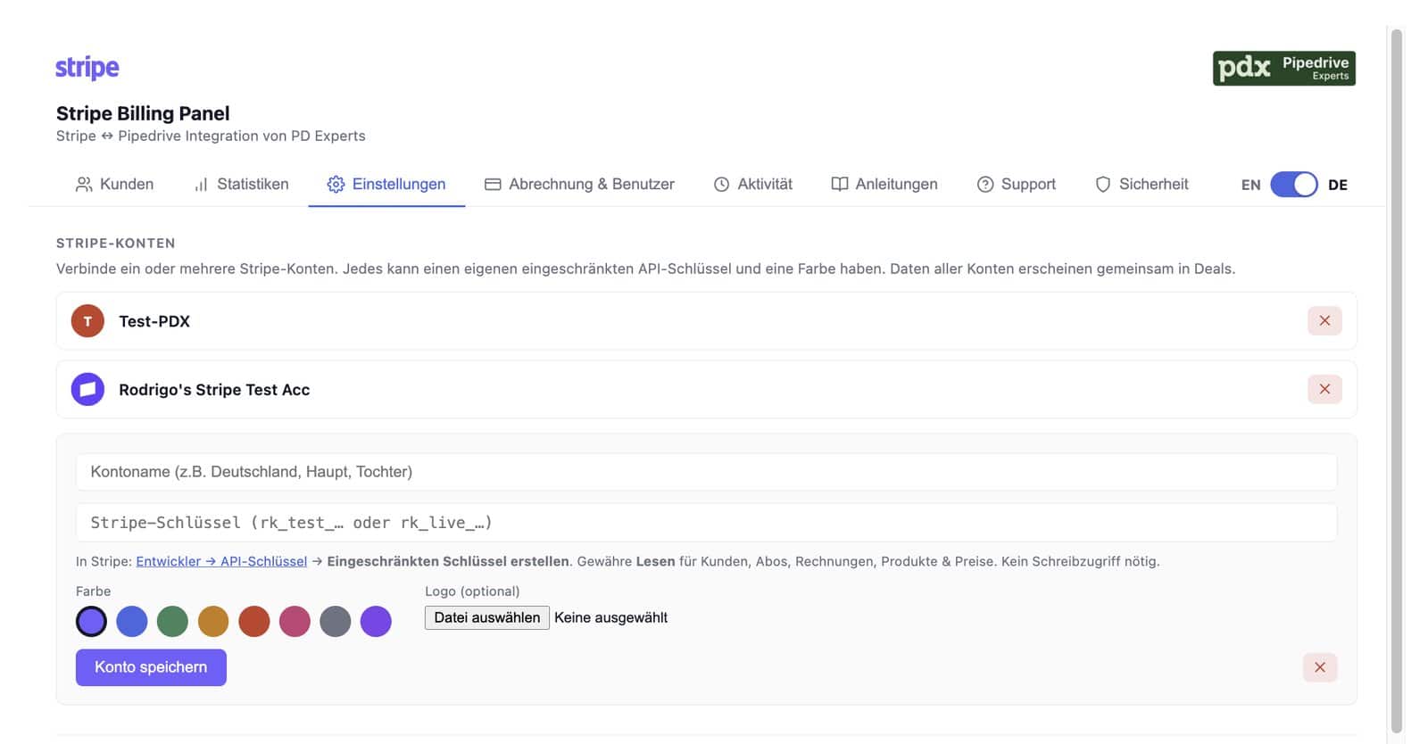 Stripe-Konto in Pipedrive hinzufügen, mit Farbauswahl, Logo-Upload und Hinweis auf den eingeschränkten Leseschlüssel