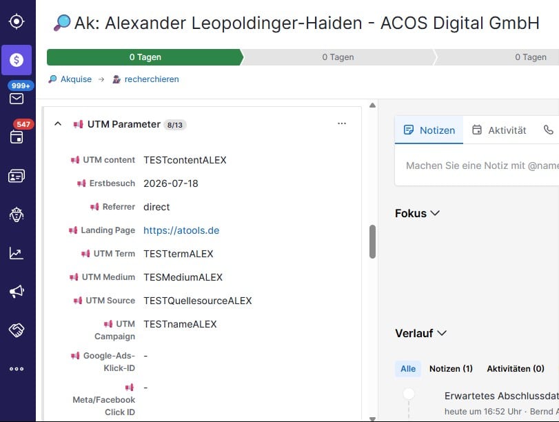 Befüllung durch UTM parameter UTM Parameter in Pipedrive