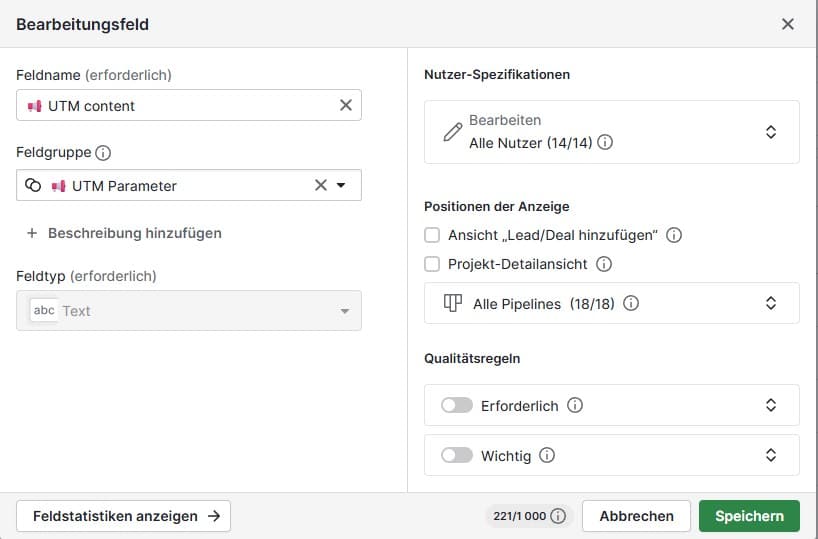 UTM Felder in Pipedrive anlegen Ads in Pipedrive tracken